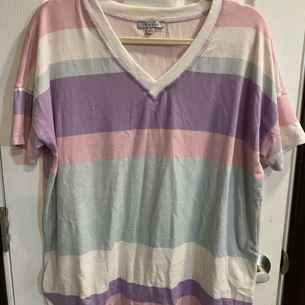 White Birch Pastel Striped V-Neck Top